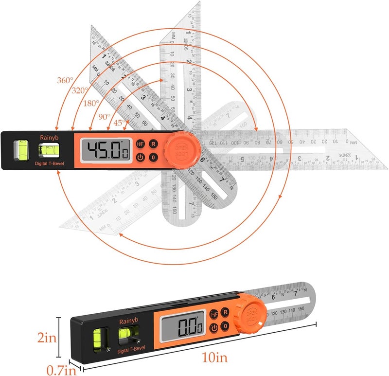 Rainyb Digital Angle Finder Protractor 0-360 Degree T-Bevel Gauge & Protractor with Horizontal Vertical Bubble & Full LCD Display for Woodworking, Metalworking, Construction（7-Inch X 2Pcs） - Image 4